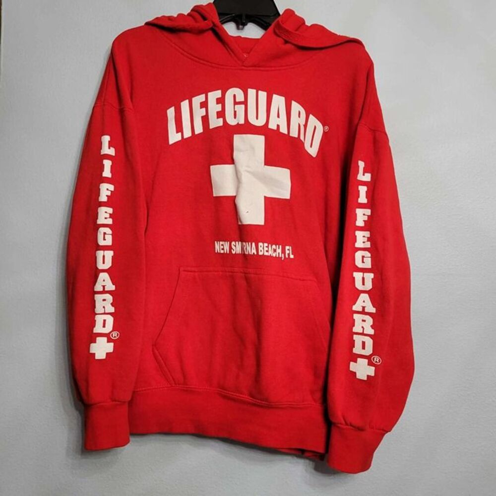 Officially Licensed Lifeguard Hoodie Sweatshirt New Smyrna Beach FL Red Unisex L